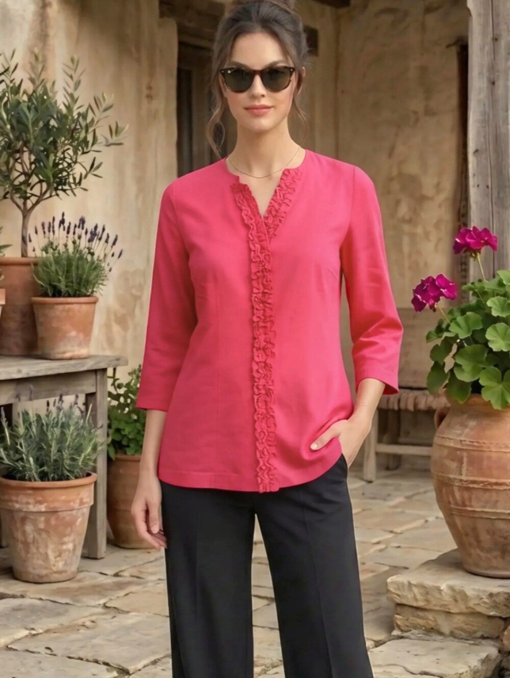 Marina Luna Ruffled Placket Hidden Button-up Top Coral/Pink 100% Linen Medium 8